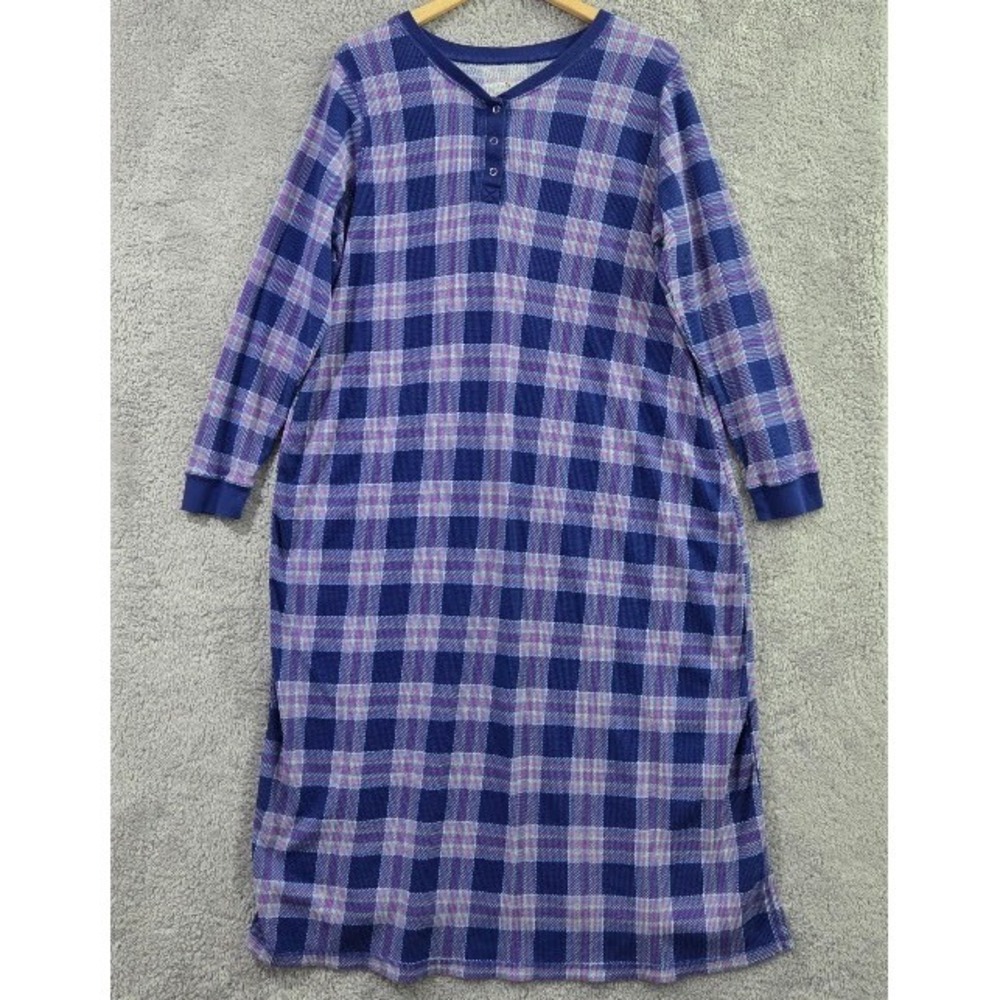 DREAMS & CO. Women's 1X Thermal Waffle Knit Henley Nightgown Plaid Blue Purple